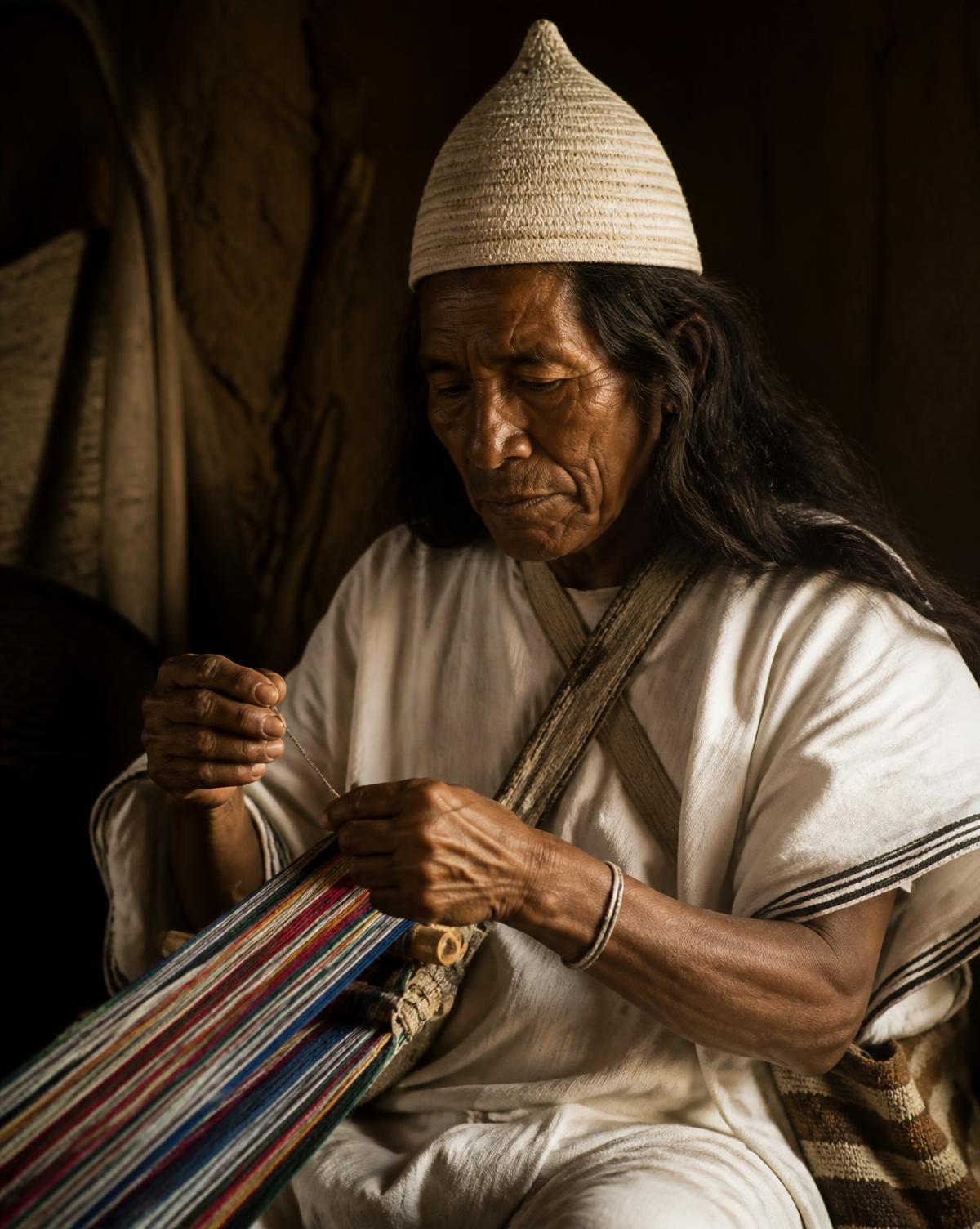 Indigenous artisan spinning cotton by hand